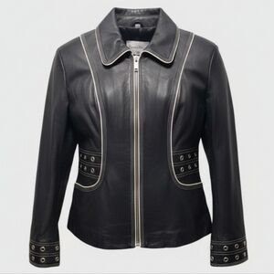 Pam McCoy Black & White Grommet-Detail Soft Leather Jacket